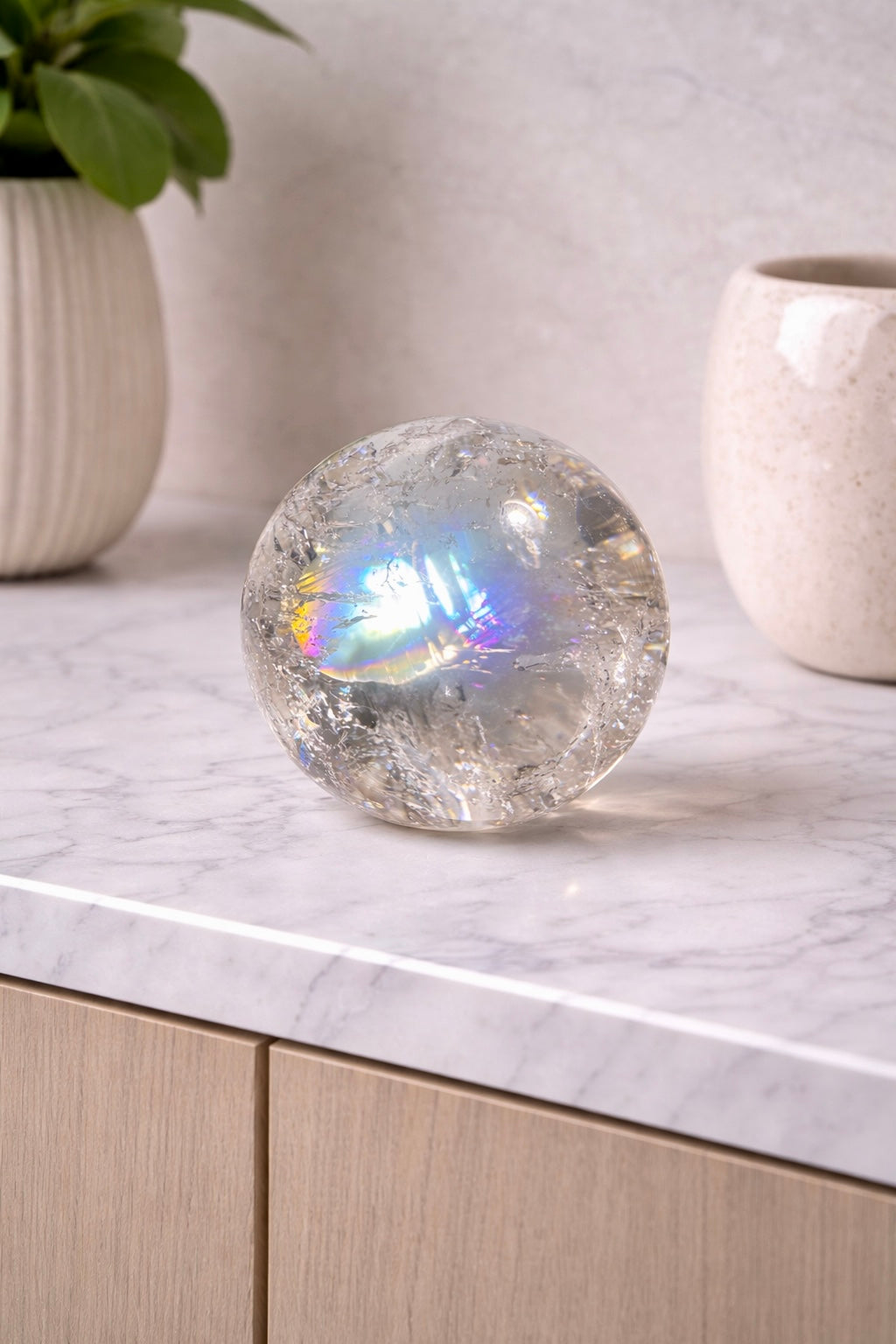 Lemurian Quartz Kugel mit grossem Regenbogen · 4,5 cm · Ultraklar