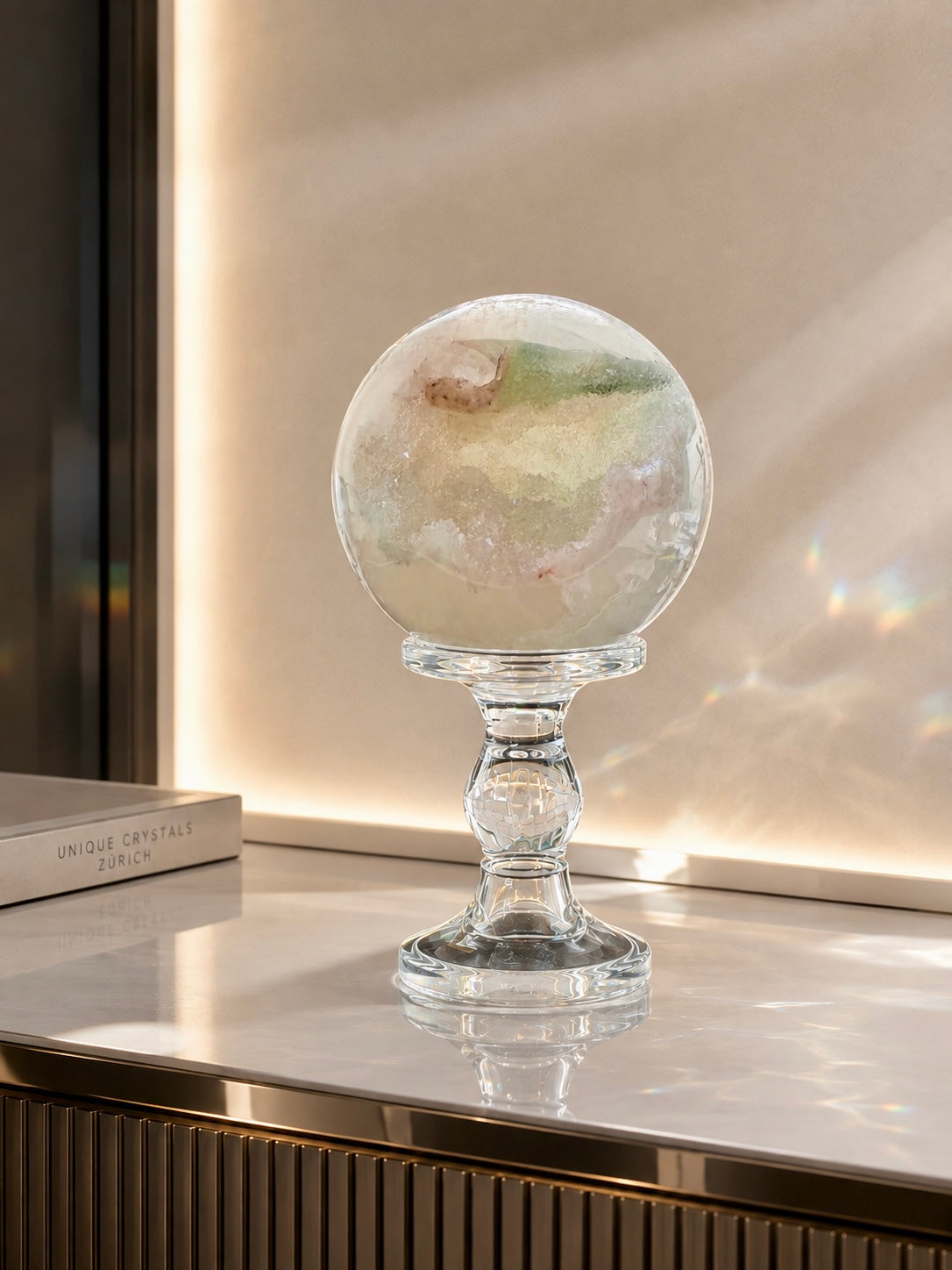 Sphère d’améthyste arc-en-ciel vert menthe et rose sucre d’Uruguay, 11 cm, 1,78 kg