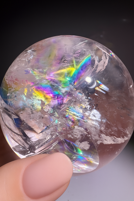 Lemurian Bergkristallkugel – 7.6 cm Extra Qualität mit riesigem Regenbogen