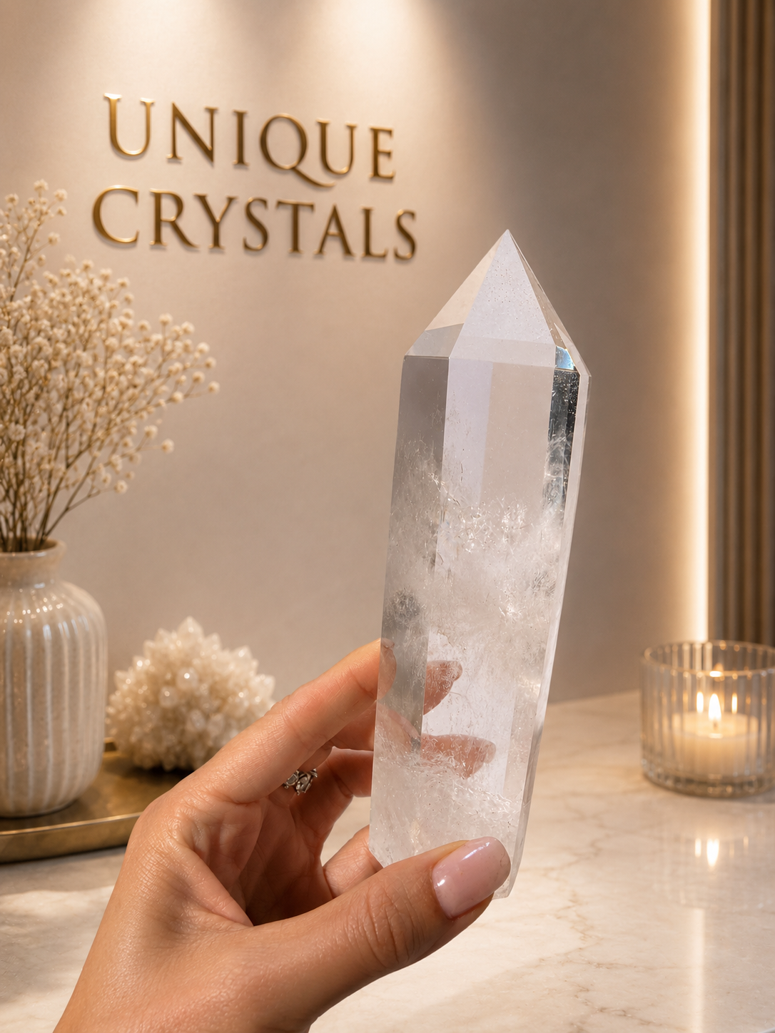 Ultra-clear rock crystal point on root stand – Light play & natural magic ✨ | 19 cm