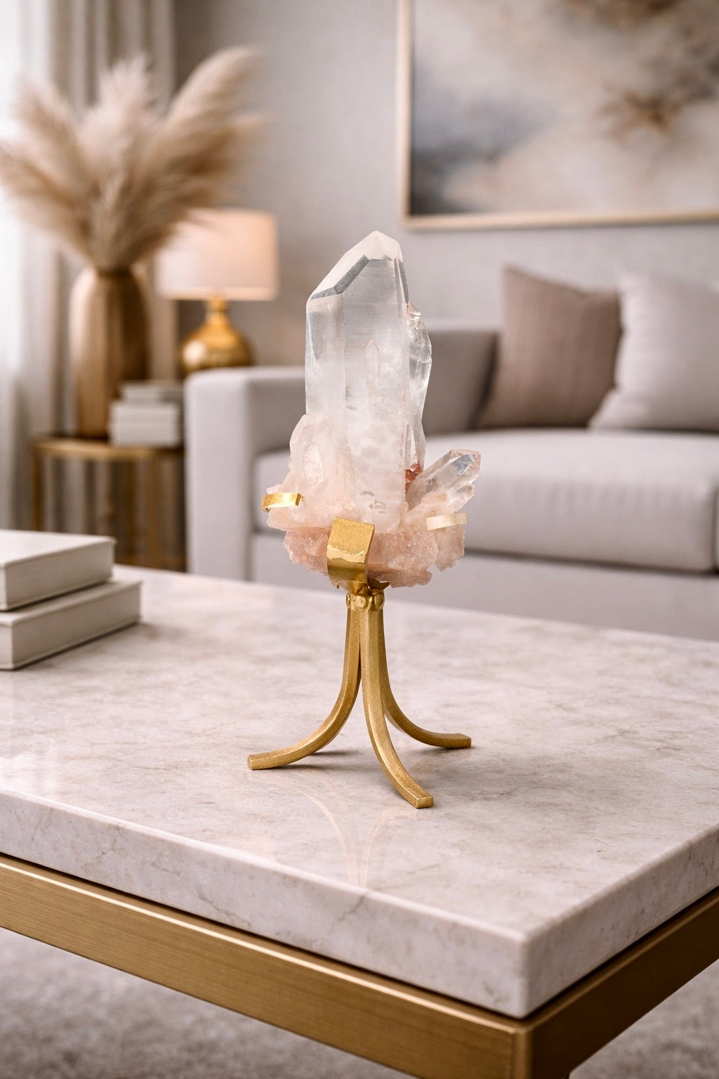 Pink Himalaya Quarz – naturbelassener Kristall mit Goldständer ✨