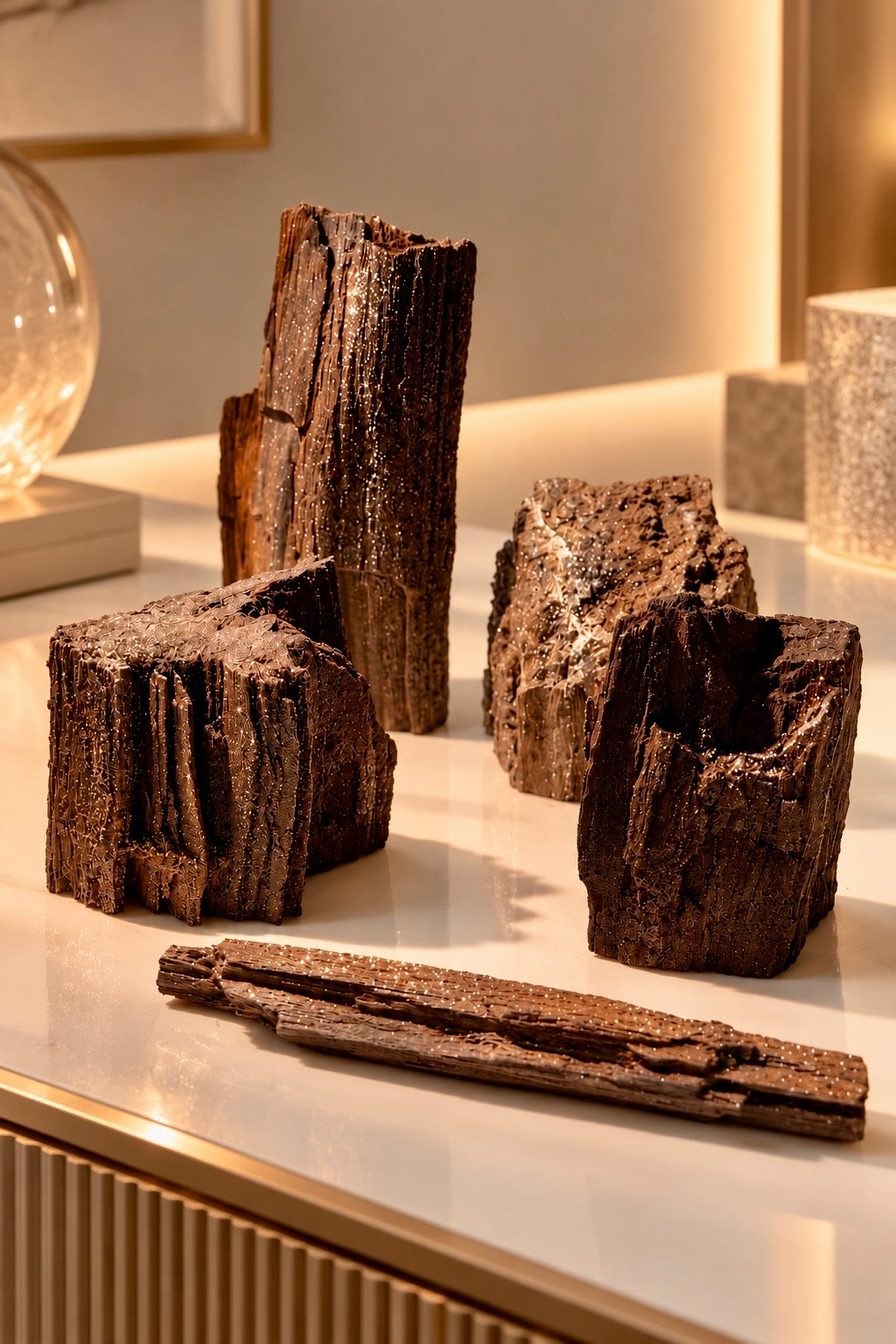 Feenholz aus Zwenkau mit Quarzkristallen – Versteinertes Holz