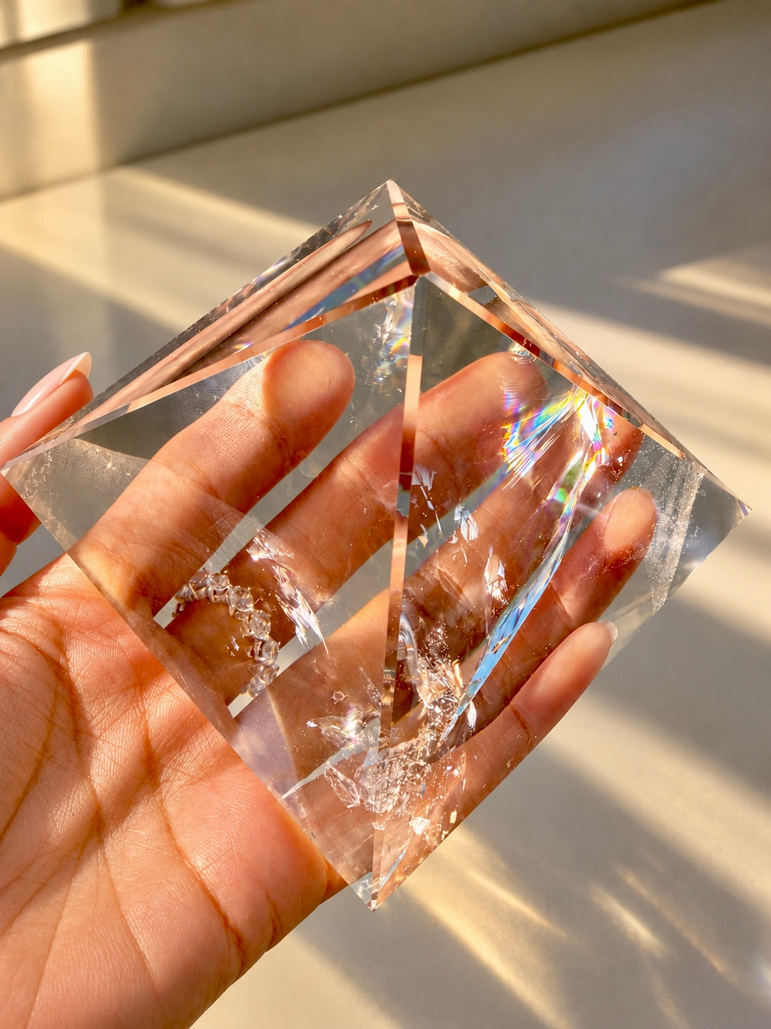 Lemurian Bergkristall-Pyramide XL – ultra klar mit grossem Regenbogen