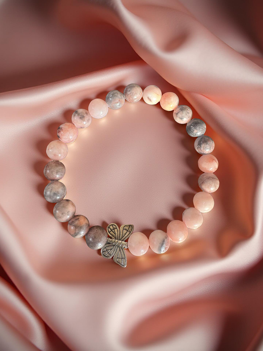 Bezauberndes Rhodonit Armband mit Butterfly - 17cm