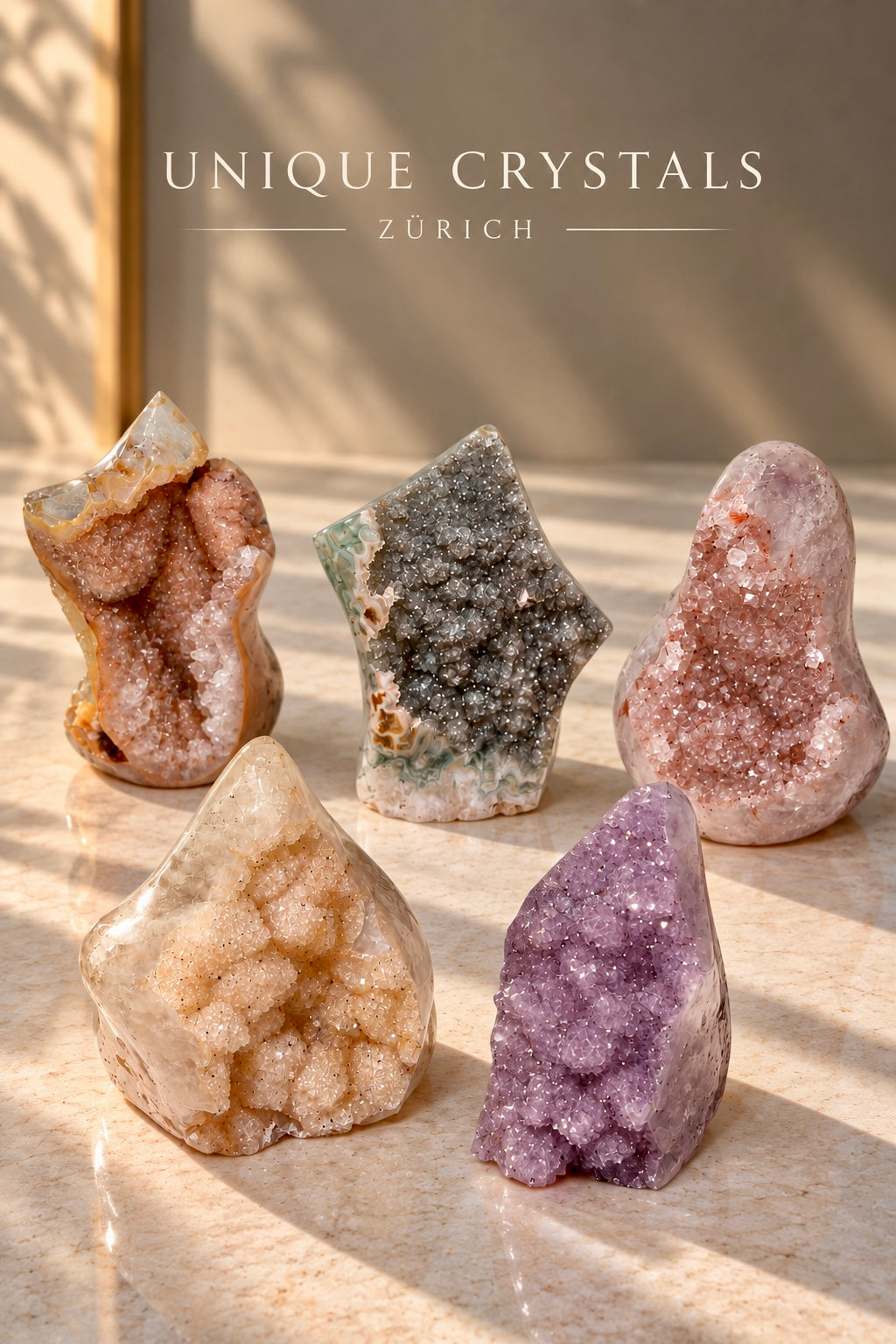 Rainbow-Amethyst-Freiformen aus Uruguay – 5 pastellfarbene Unikate