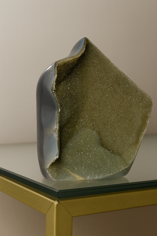 Seltene grün-goldene Achat Flamme aus Uruguay – 10 cm, 296 g mit Kristallen