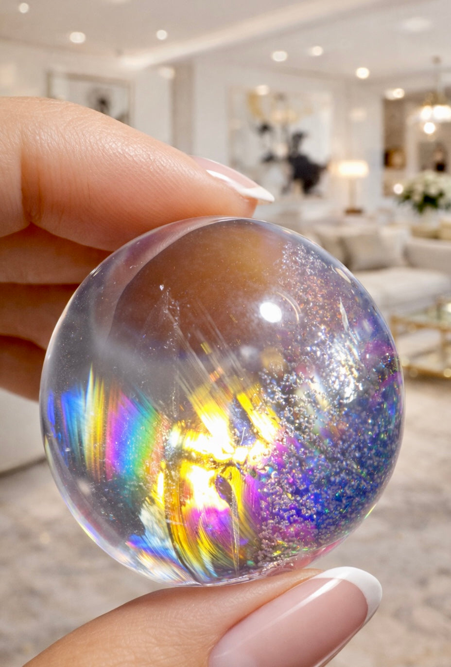 Lemurian Bergkristallkugel 3.2 cm – Extra Qualität mit riesigem Regenbogen ✨