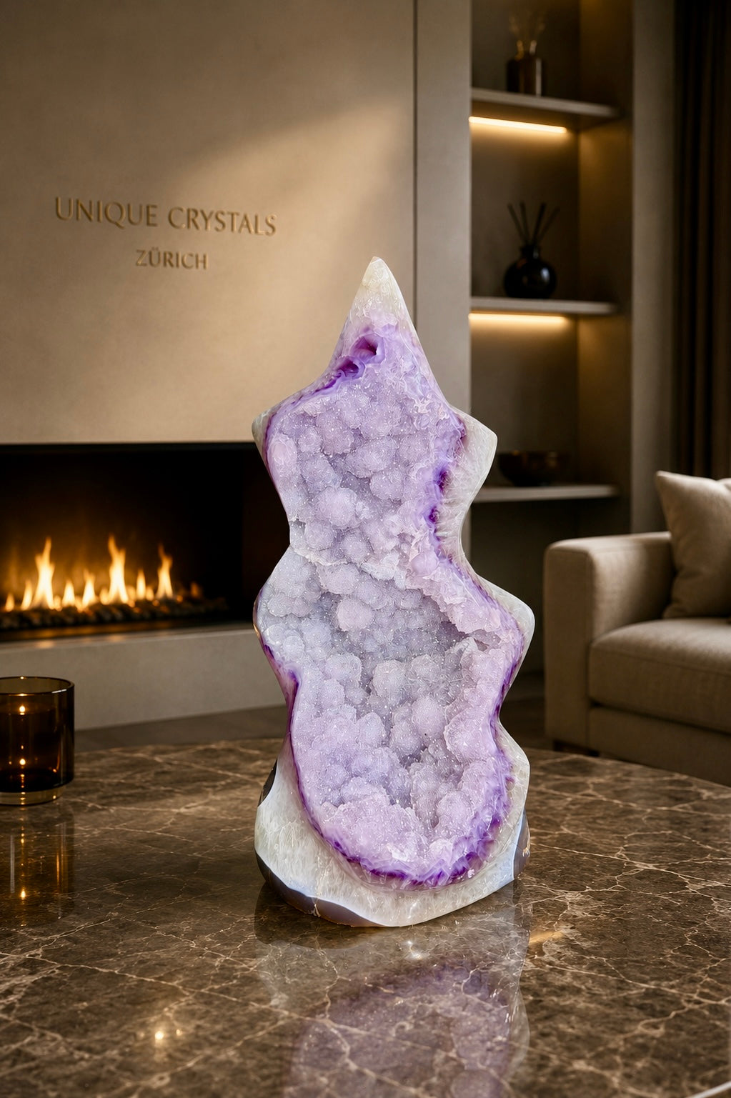 Rainbow Amethyst Flammenskulptur – 37 cm, Doppelkristallisation, Uruguay