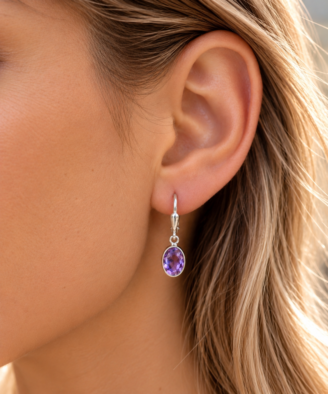 Amethyst-Hängeohrringe oval – 925 Silber, 2.6 cm