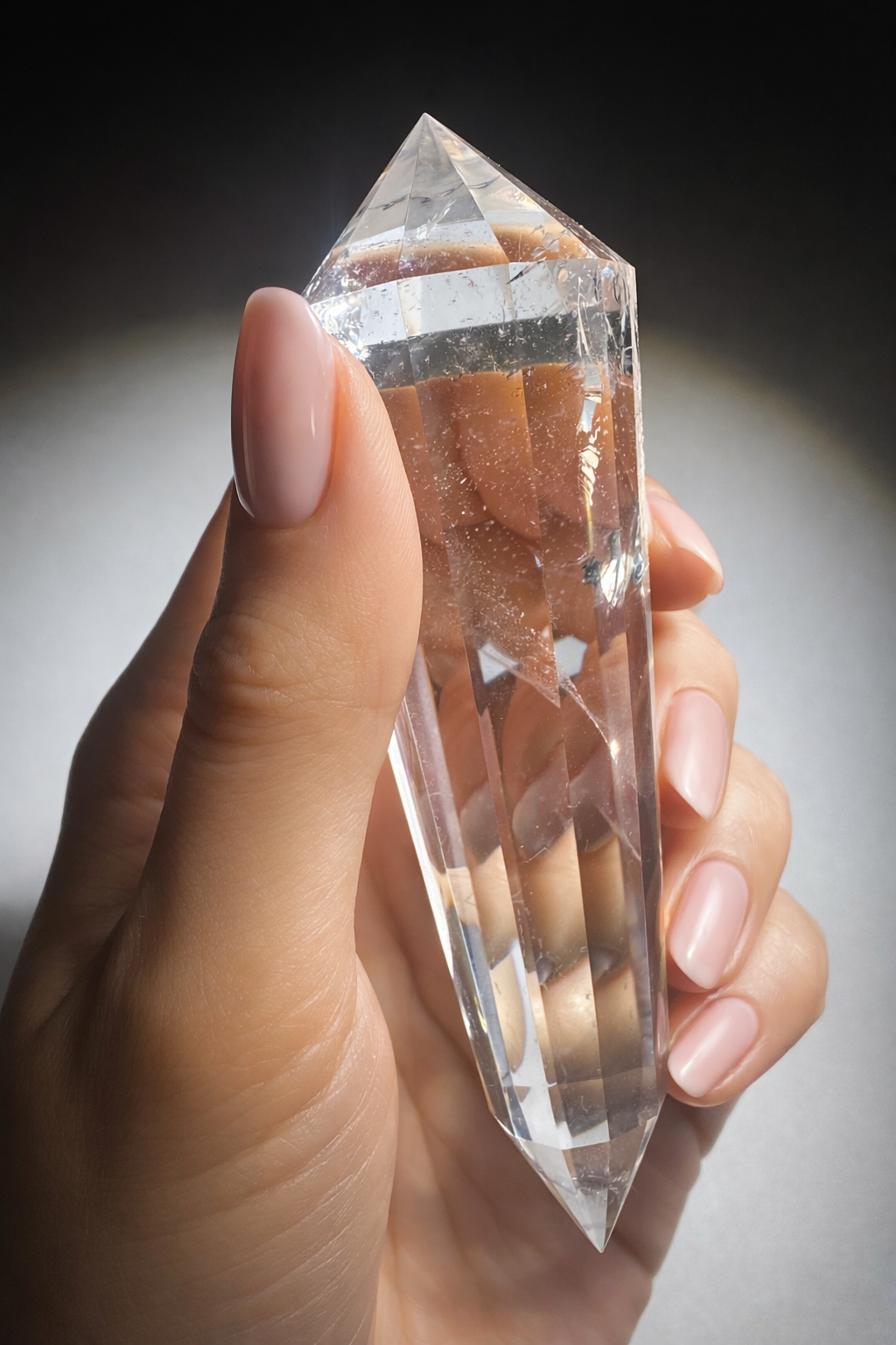 Lemuria Vogel-Cut-Kristall aus ultraklarem Bergkristall · 12 Facetten · 11,7 cm · 146 g