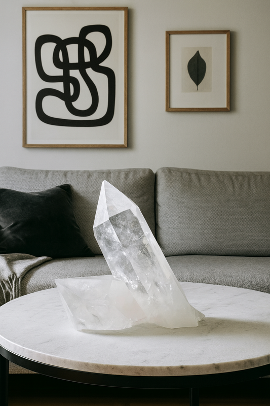 Lemurian Bergkristall-Cluster mit zwei perfekten Spitzen – 13 cm hoch, 14 cm lang, 593 g – Extraklar & unbehandelt aus Brasilien