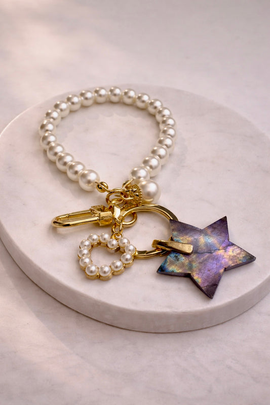 Labradorit Schlüsselanhänger mit Perlenherz – 14 cm, doppelseitiger Flash in Pink & Lila