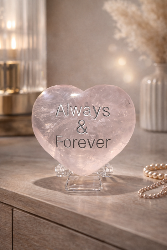 Ice Rosenquarz Herz 6 cm – graviert mit „always and forever“ in Silber