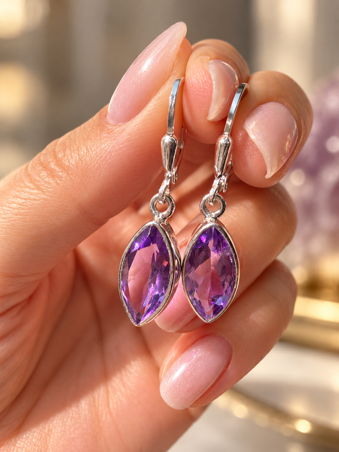 Amethyst-Hängeohrringe Marquise – 925 Silber, 3.3 cm