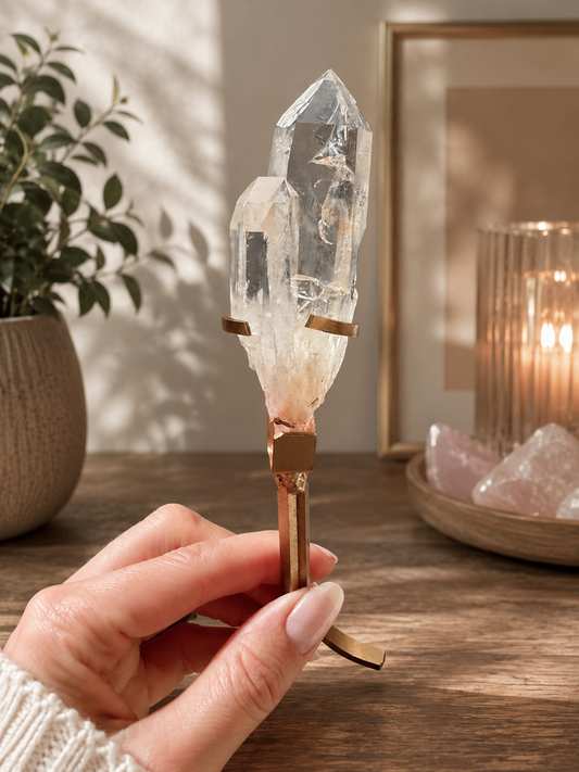 Pink Himalayan Quartz – natural crystal with gold stand ✨