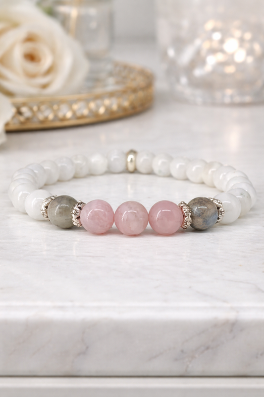 Kristallarmband 19 cm kaufen – Mondstein, Rosenquarz & Labradorit für Liebe, Intuition & Schutz 💗🌙🌈