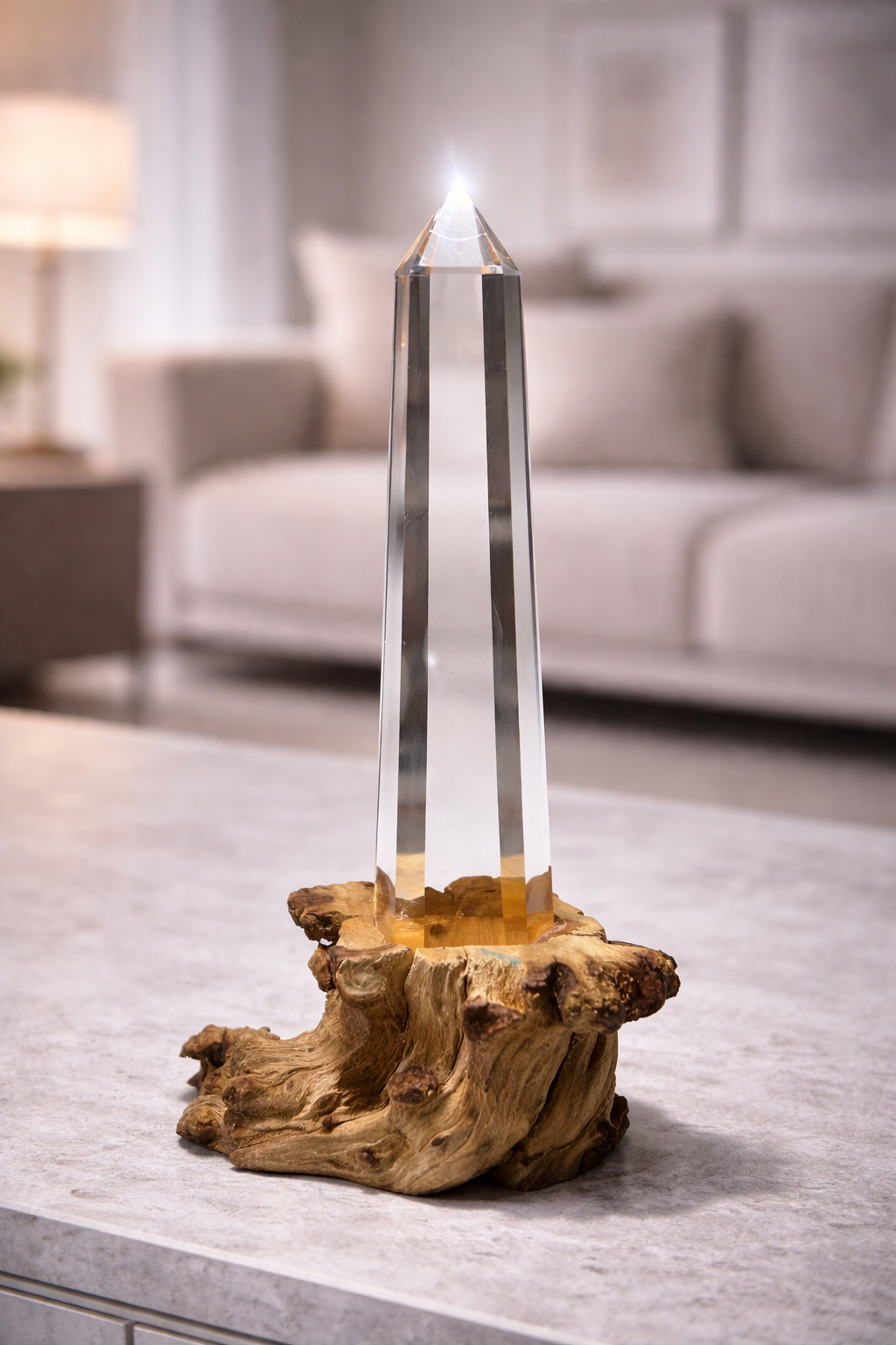 Ultraklare Lemurian Kristallspitze mit Wurzelholzsockel · 22 cm Lichtunikat ✨