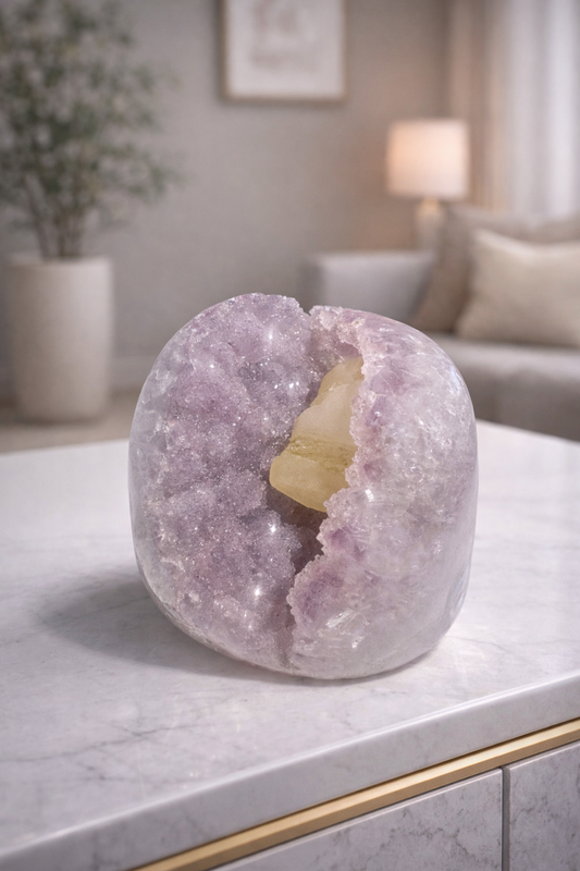 Rainbow Amethyst Druse Geode mit Kalzit kaufen - 7cm, 235g