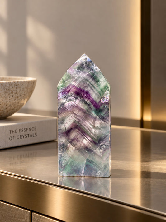 Fluorit-Spitze grün-lila mit Phantomlinien – klare Kristallqualität aus Brasilien, 10.3 cm