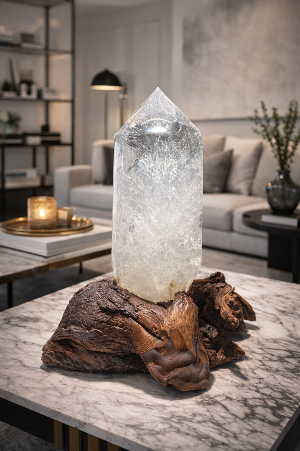 Exklusive Bergkristallspitze auf Holzsockel – Lichtvolle Naturkraft - 21cm