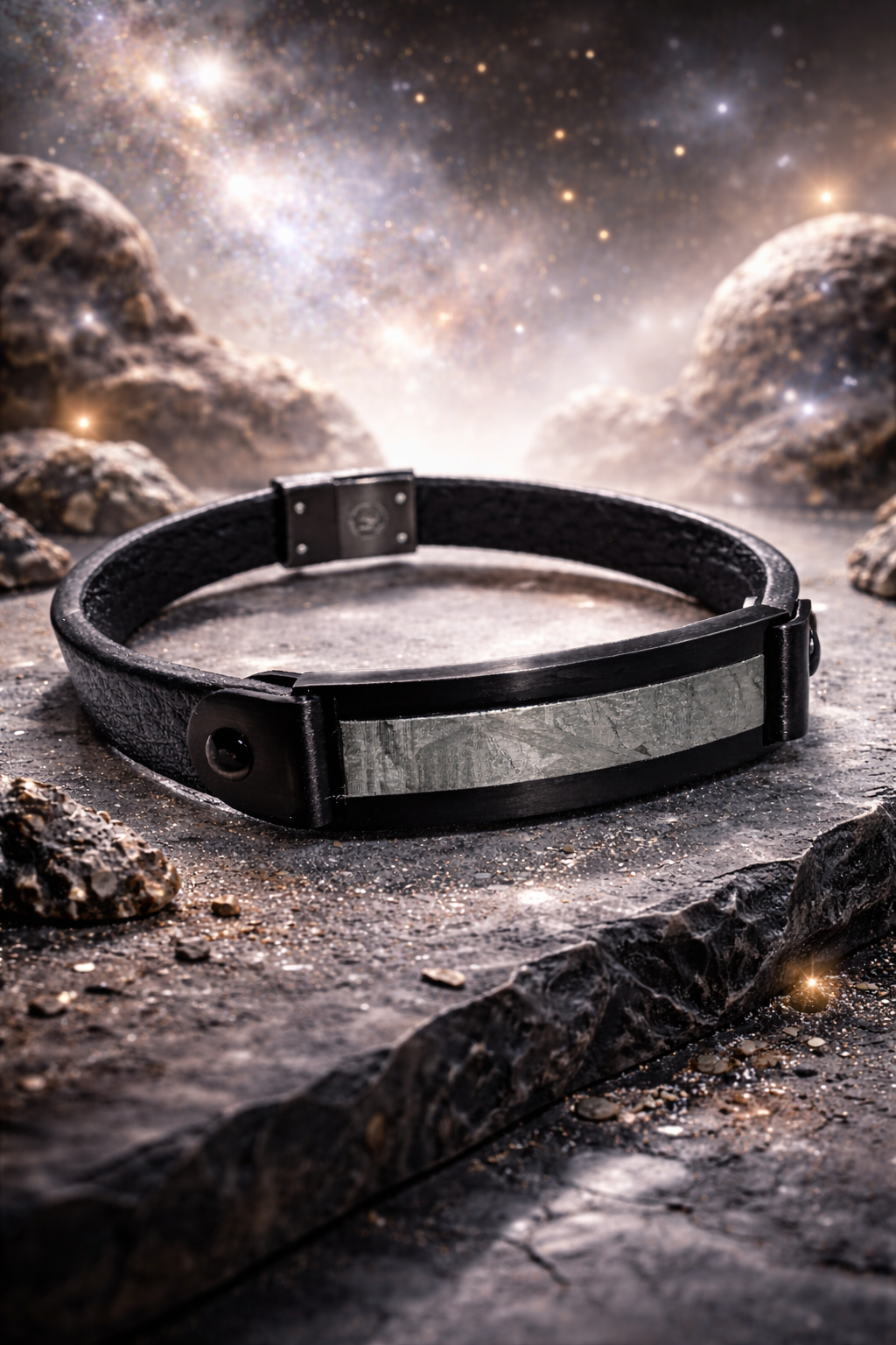 Premium Meteoriten Lederarmband 21 cm – Muonionalusta Fragment in Titan gefasst