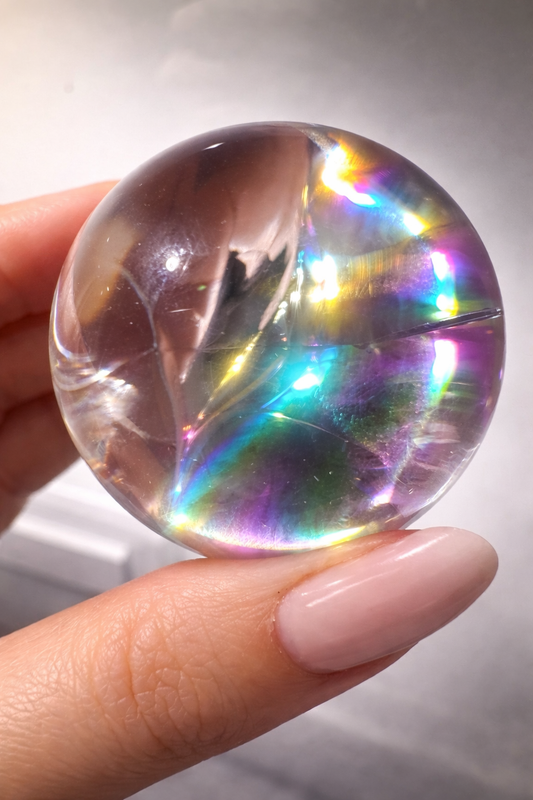 Lemurian Bergkristall Kugel 4,3 cm – ultraklar mit intensivem Regenbogen