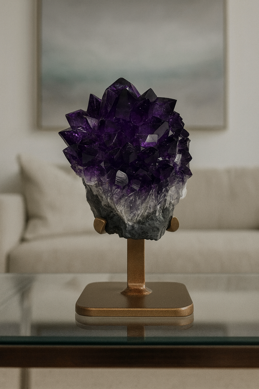 Amethyst Blüte / Blume Uruguay 14,5 cm mit Goldständer | Dunkelviolette Spitzen | 748 g – UNIQUECRYSTALS