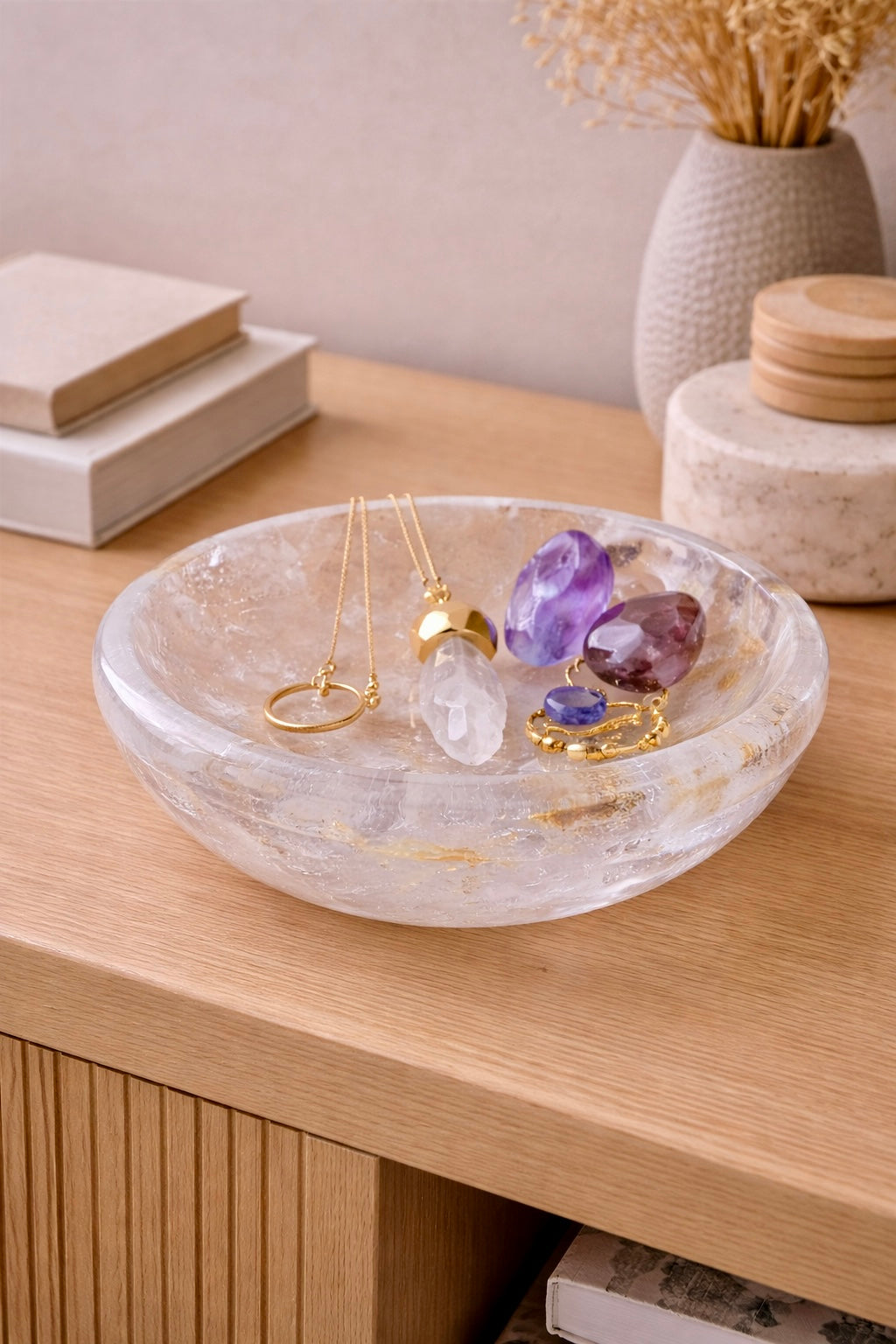 Extraklare Bergkristallschale – Handarbeit mit Göthit-Limonit-Einschlüssen 12,4 cm