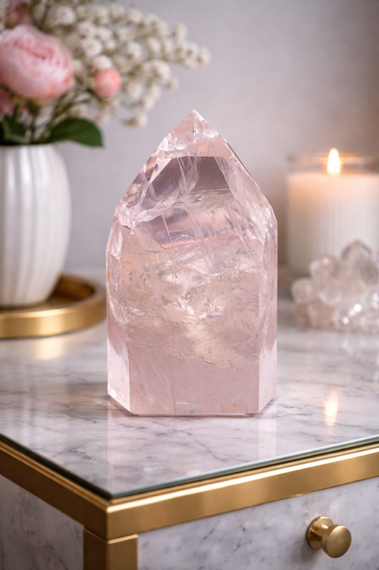 Rare clear rose quartz point 🎀 - 9cm, 220g