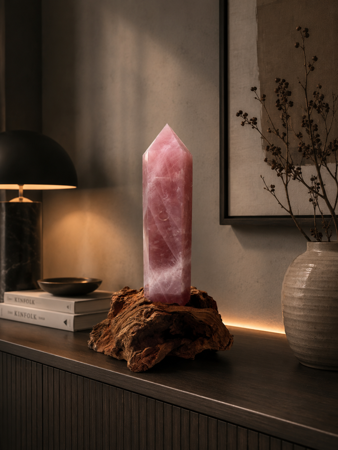 Punta di cristallo di rocca lemuriana ultrachiara su base di legno – Luce pura in forma di cristallo ✨