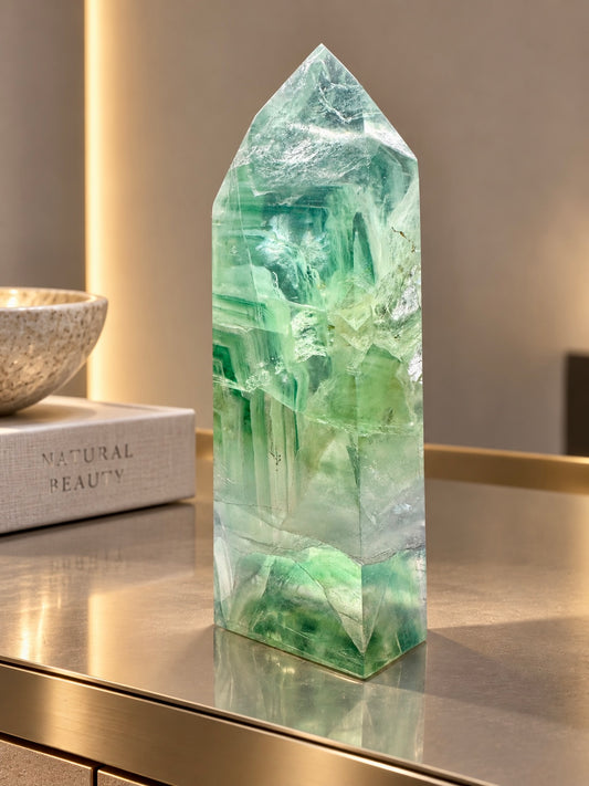 Seltene mintgrüne Fluoritspitze mit Regenbogen und Phantomlinien, 11 cm, 325 g, Brasilien