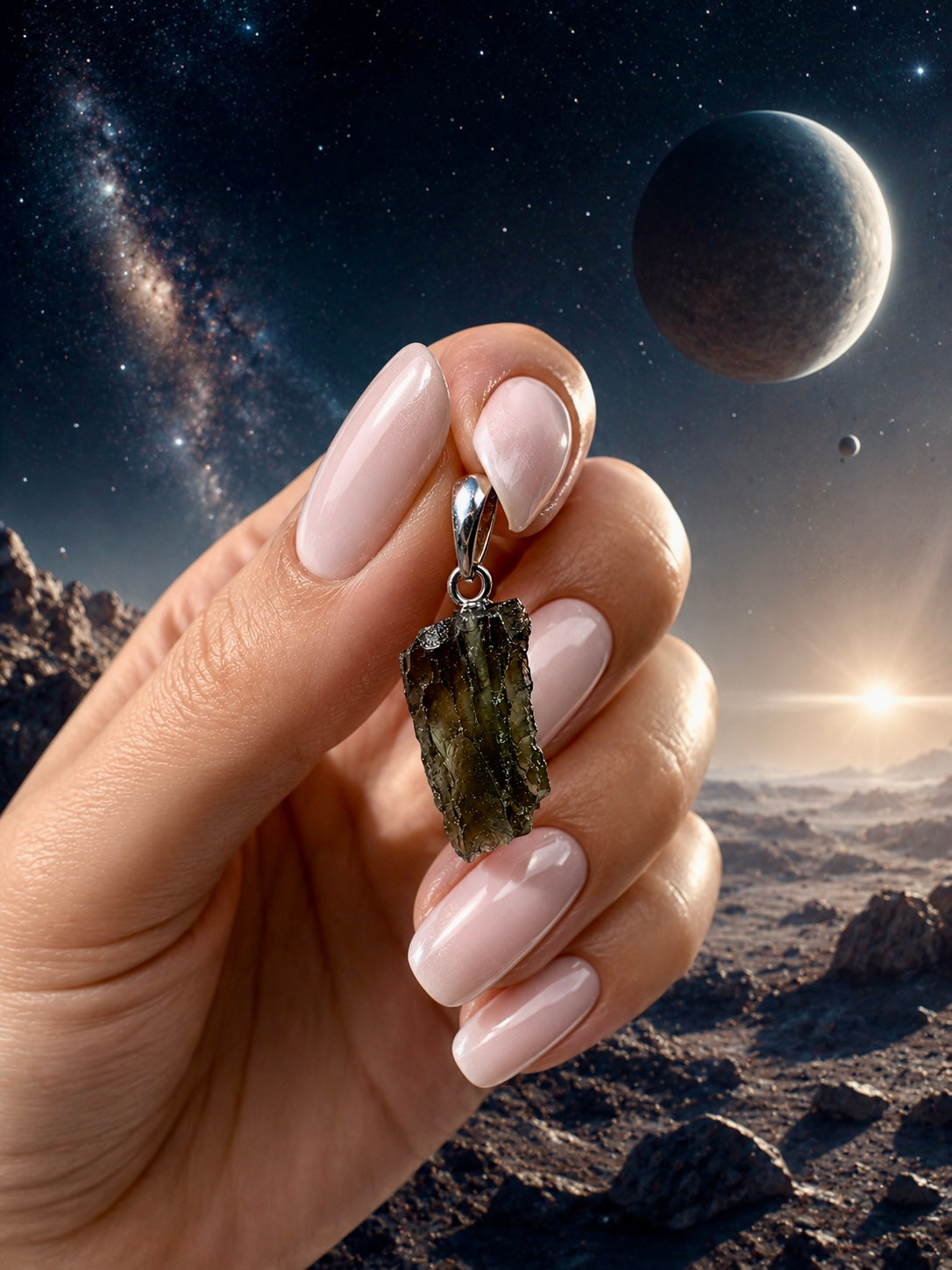 925 Silber Anhänger mit echtem Moldavit Tektit. Zertifiziert, natürlich und selten – edler Edelstein Schmuck aus der Natur.