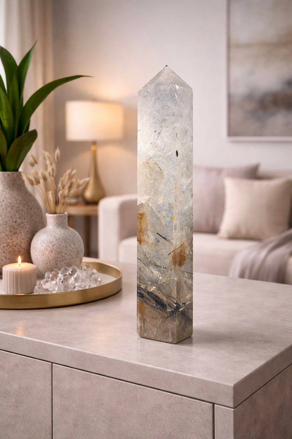 Riesige Bergkristallspitze mit Feuerquarz & Rutilnadeln – 31 cm, 1.59 kg – seltener Kristall aus Brasilien