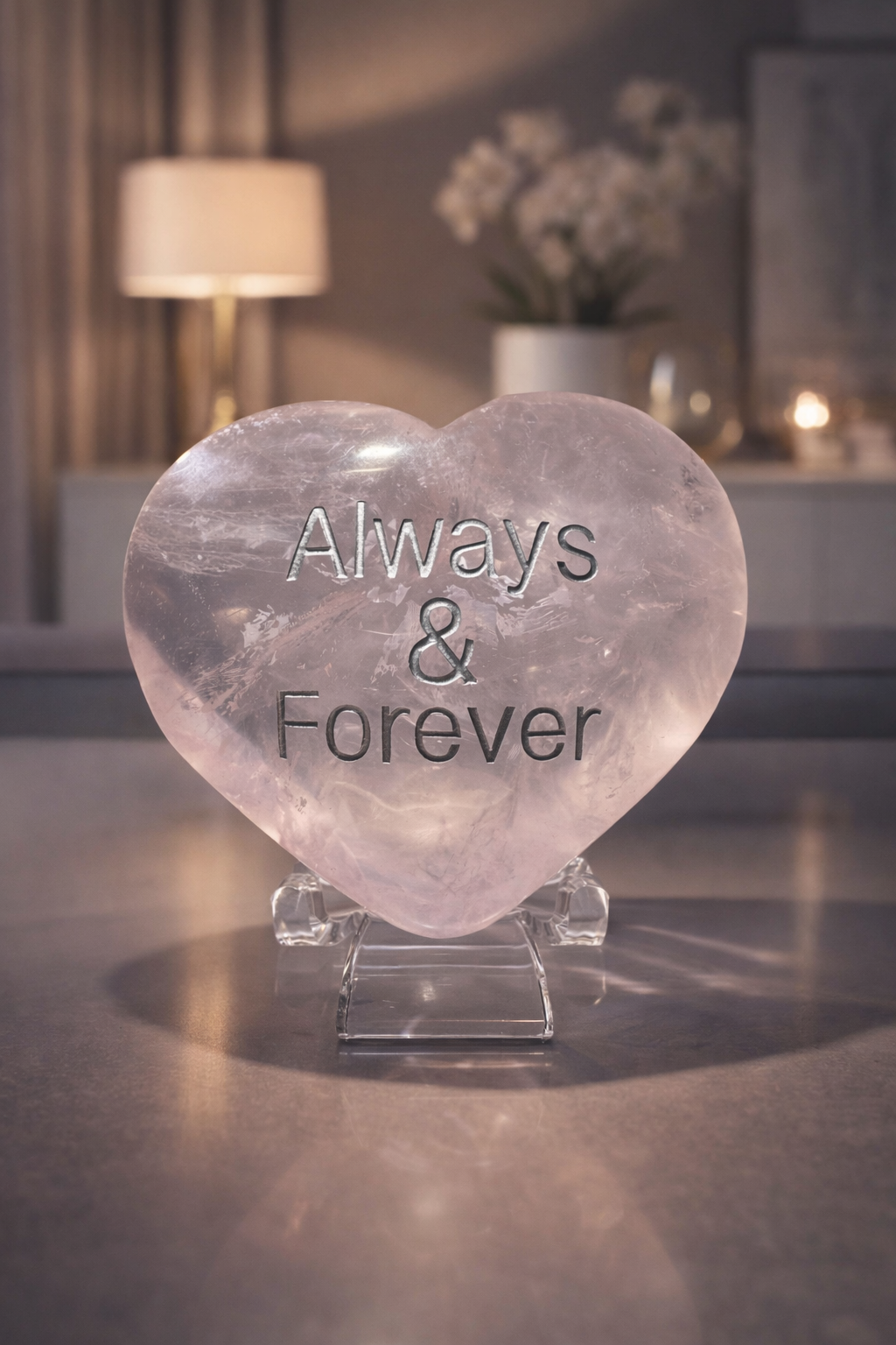Ice Rosenquarz Herz 6 cm – graviert mit „always and forever“ in Silber