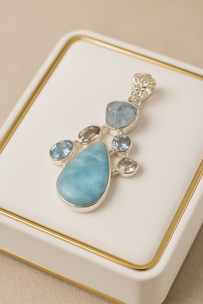 Larimar Anhänger 925 Sterling Silber – Handgemacht mit Aquamarin & Herkimer Diamond