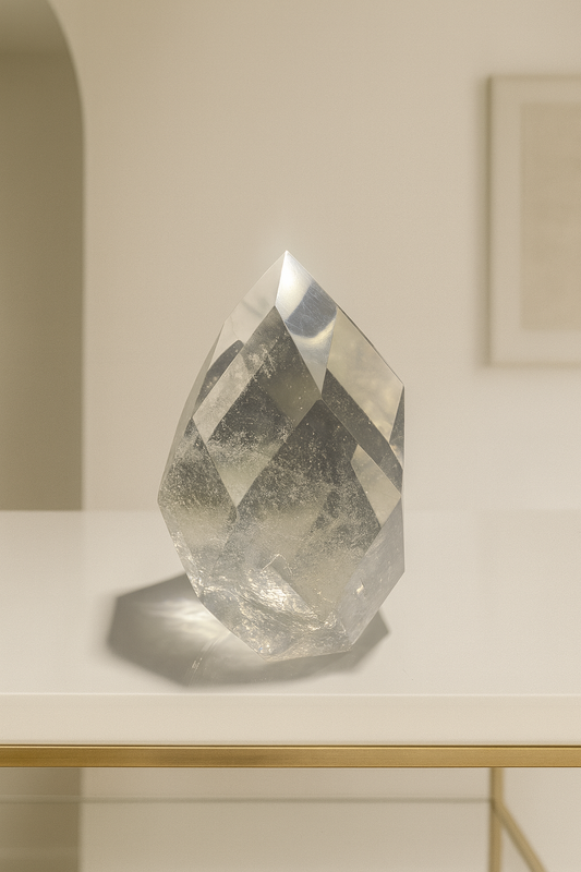 Facettiertes Bergkristall-Ornament in Klarqualität – 6,8 cm hoch & 141 g – handgeschliffenes Unikat