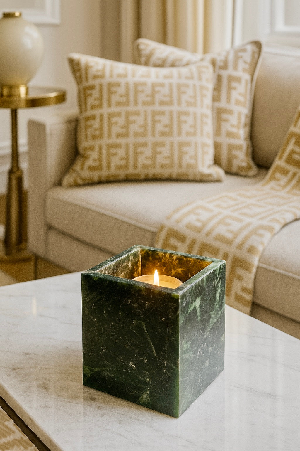 Exklusives Teelicht aus echtem Verde Guatemala Marmor