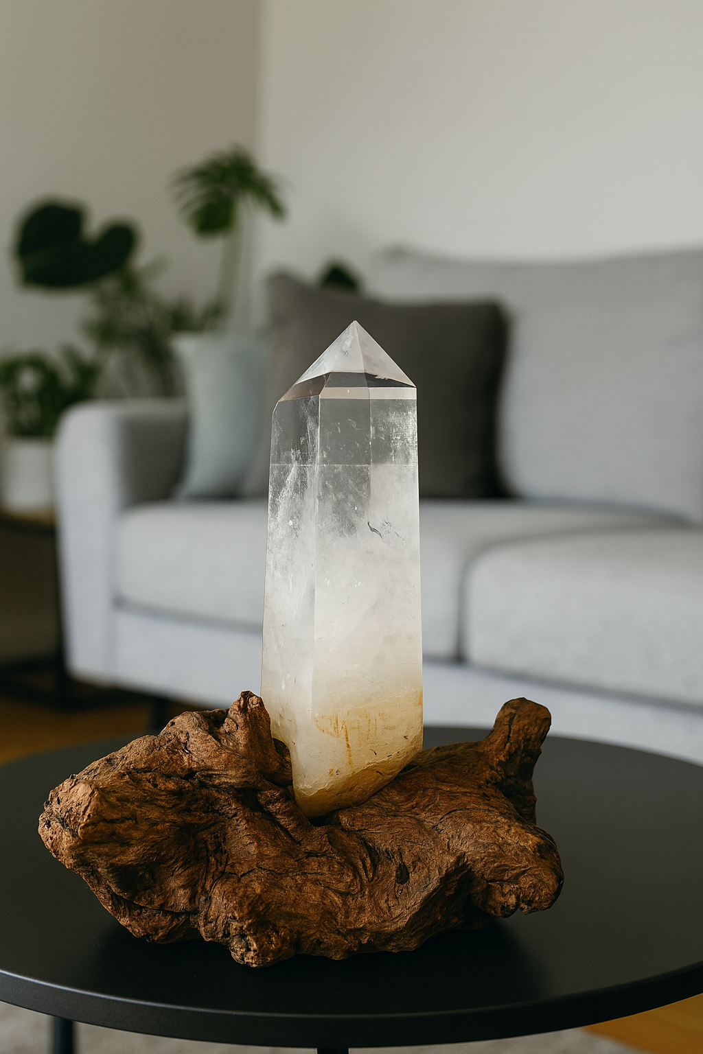 Enchanting rock crystal point crystal 19 cm on root stand