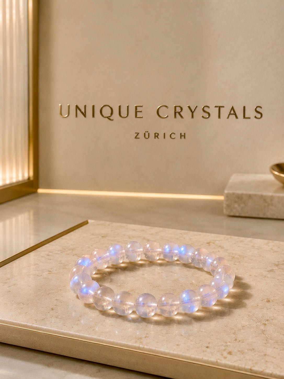 AAA Mondstein Armband, transparent mit blauem Flash, 8 mm