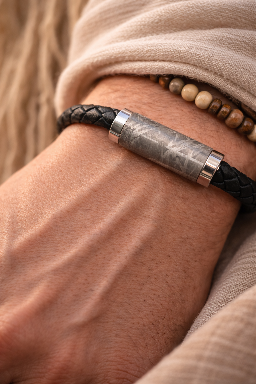 Meteoriten Lederarmband 21 cm mit Muonionalusta Meteorit – Titan Designverschluss