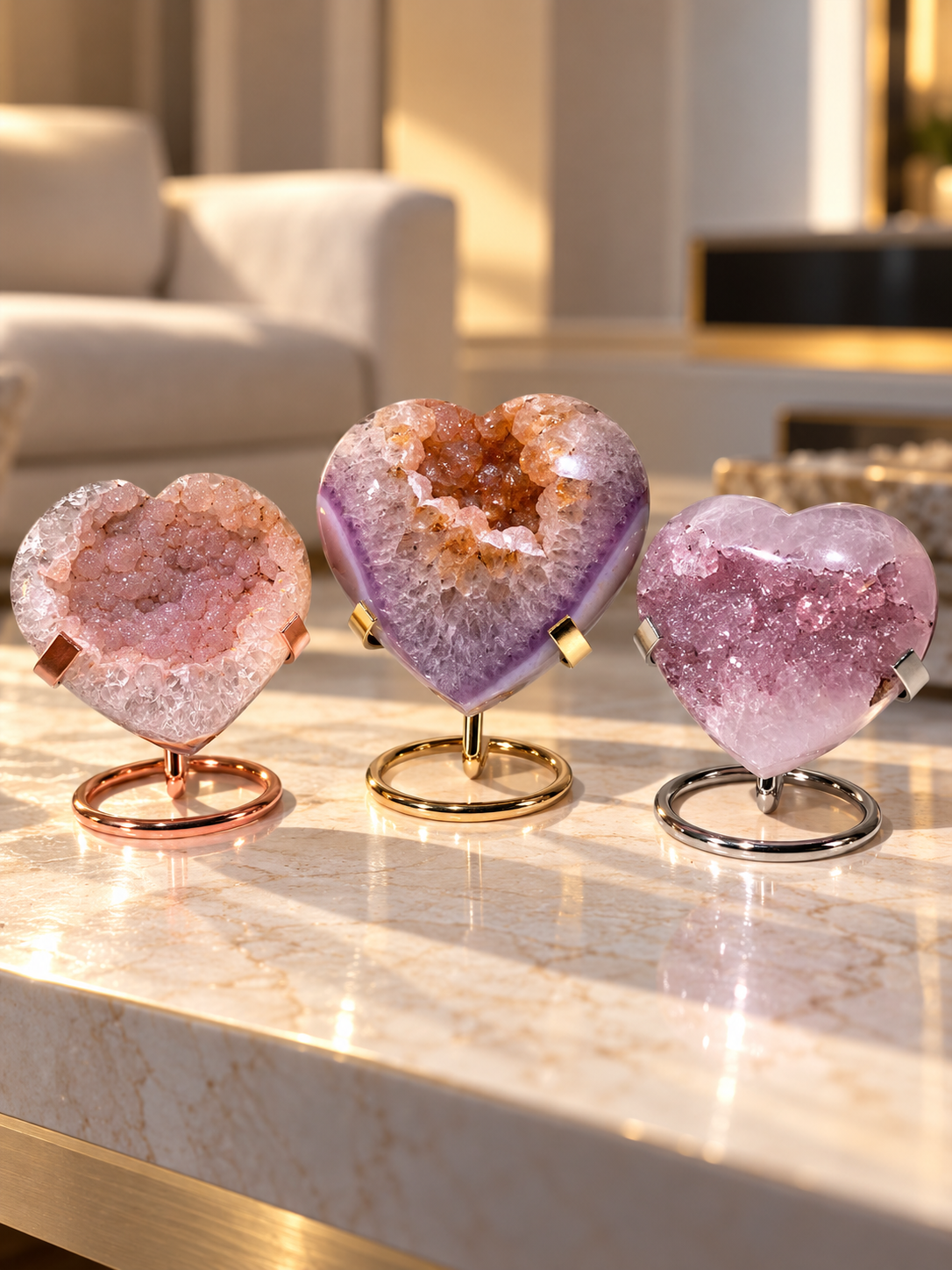 Rainbow Amethyst Herzen aus Uruguay – Baby Pink, Lavendel & Champagne | Premium Qualität