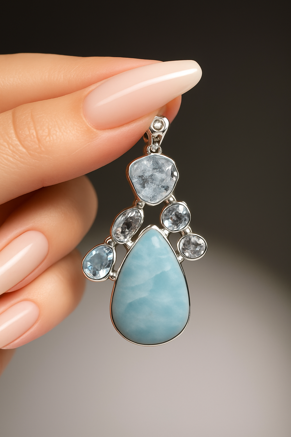 Larimar Anhänger 925 Sterling Silber – Handgemacht mit Aquamarin & Herkimer Diamond