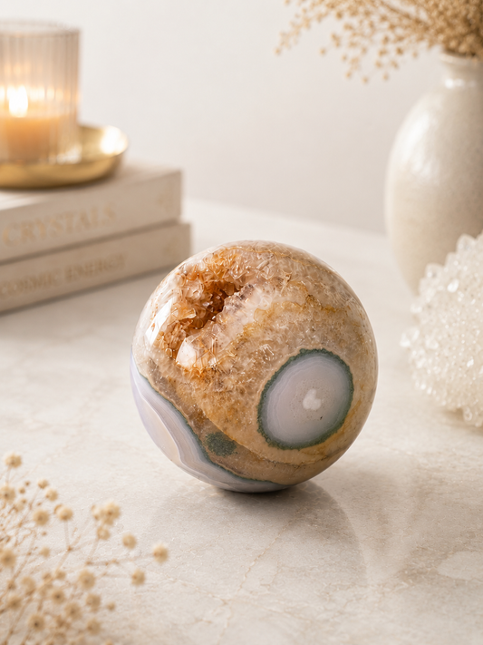 Achatkugel mit blau-grauer Bänderung & goldenen Kristallen – 6,7 cm