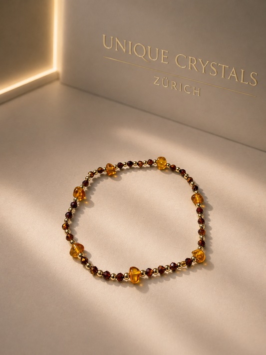 Amber Tigerauge Armband aus natürlichem Bernstein mit Freeform-Perlen und Goldperlen