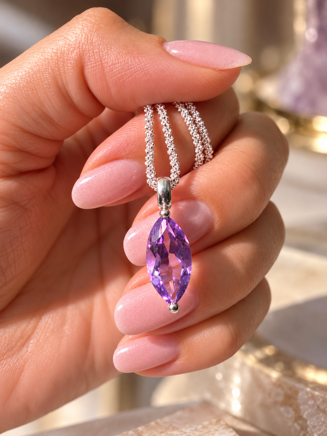 Amethyst-Anhänger Navette 7 × 14 mm – 925 Sterling Silber