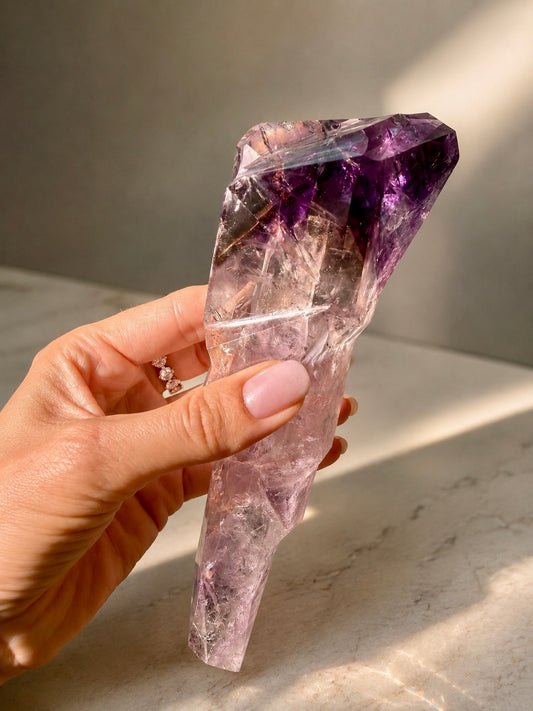 Ametrin Kristallzahn aus Amethyst und Citrin mit natürlichen Phantomen