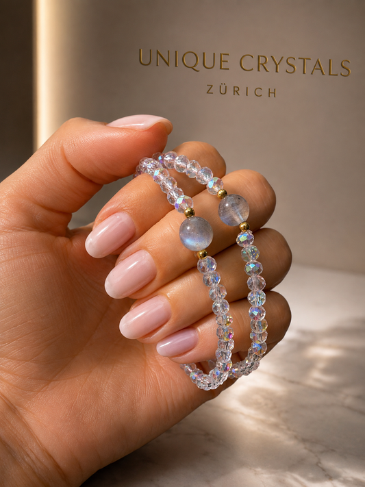 Angel Aura Bergkristall Armband mit Labradorit, 17 cm, Premium Qualität