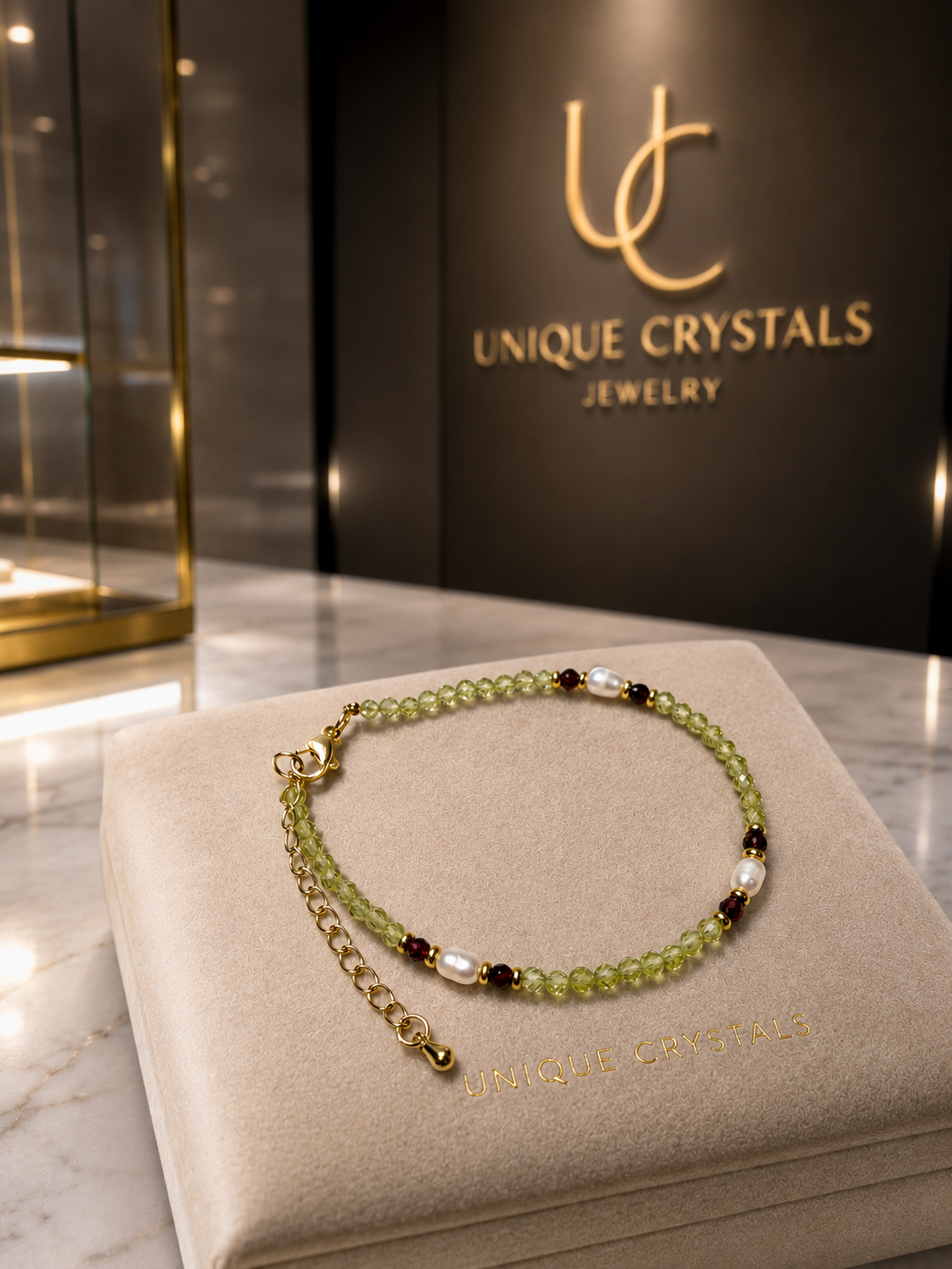 Armband mit Peridot, Granat & echten Süsswasserperlen – Handgemacht