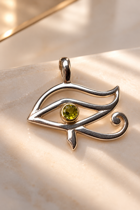 Auge des Horus Anhänger mit Peridot Kristall aus 925 Silber, 18 Karat vergoldet