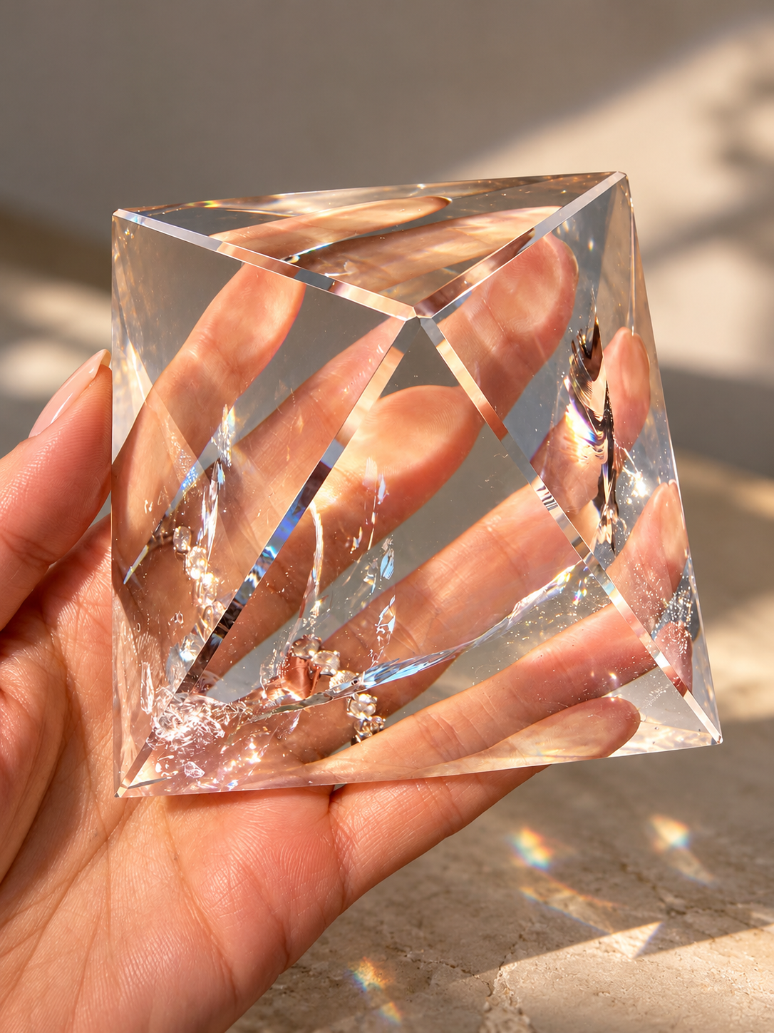Lemurian Bergkristall-Pyramide XL – ultra klar mit grossem Regenbogen